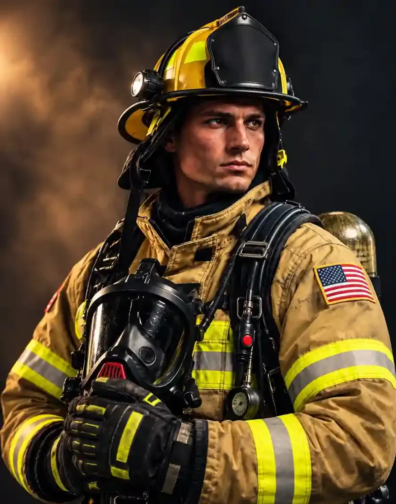 Firefighter in American turnout gear and helmet